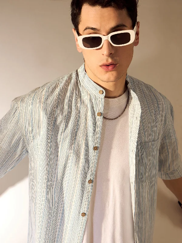 Men's Thermal Shirts for Winter WarmthWhite & Blue: Aspect Striped Oversized Shirt