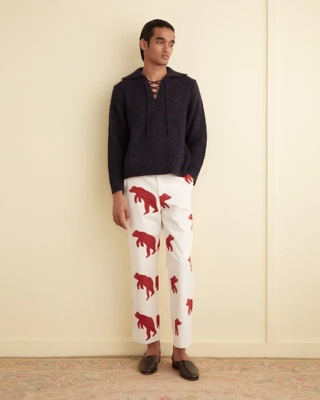 Men's Pants with Flat-Front DesignsBear Appliqué Trousers