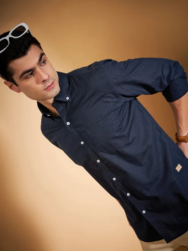 Men's Checkered Shirts for a Retro FeelMen Navy Blue Twill Weave Smart Slim Fit Solid Cotton Linen Casual Shirt Men's Checkered Shirts for a Retro FeelMen Navy Blue Twill Weave Smart Slim Fit Solid Cotton Linen Casual Shirt