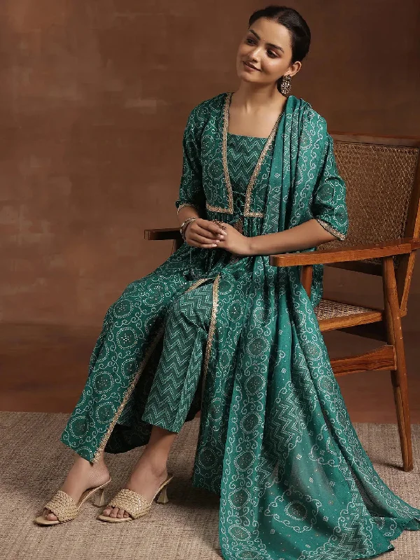 Rama Green Printed Silk Blend A-Line Kurta With Trousers & Dupatta