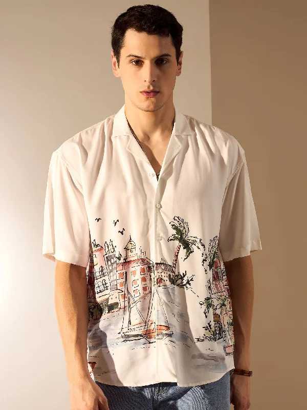 Men's Slim-Fit Shirts for a Flattering ShapeOff White: Tropical Beach Placement Print Oversized Shirt
