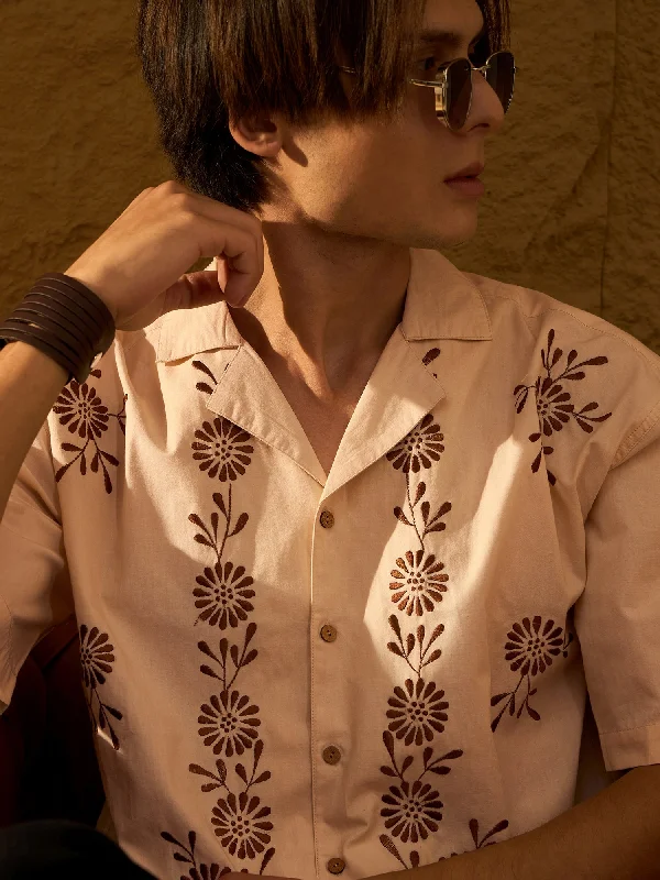 Men's Camping Shirts for Outdoor AdventuresFloral Embroidery Oversized Cotton Shirt