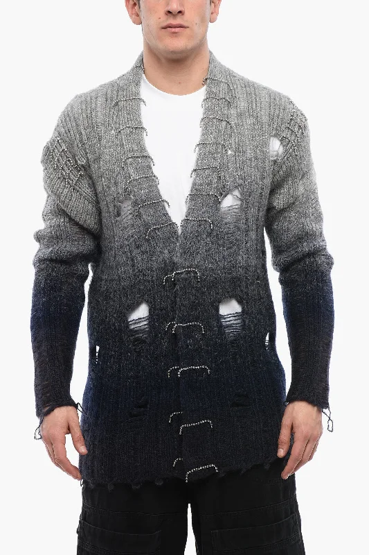 Off-White Distressed Effect Wool Cardigan With Beads Detail
