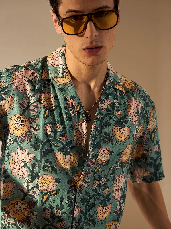 Men's Performance Fabric Shirts for All-Day ComfortGreen: Hand Block Printed Oversized Shirt