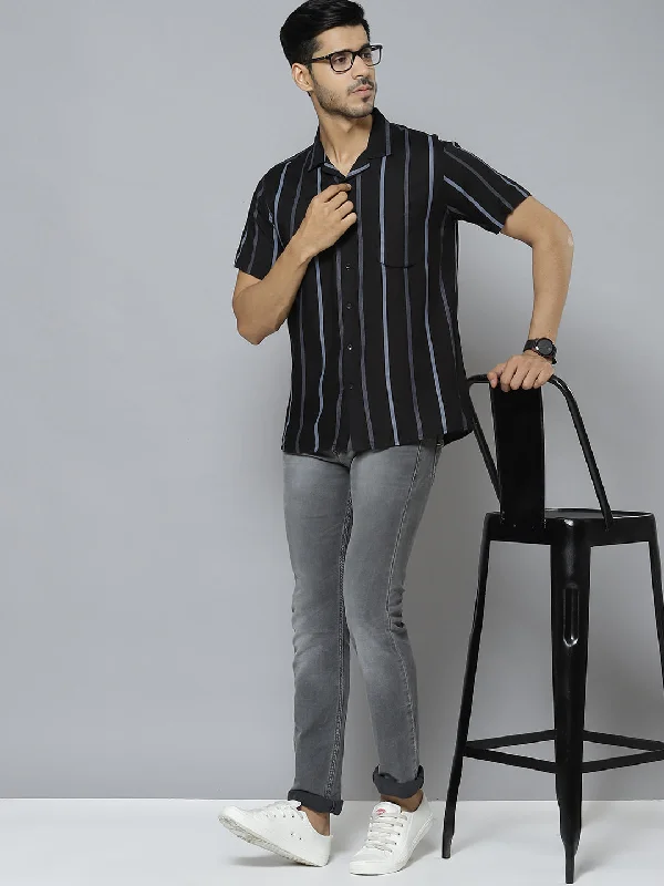 Men's Wingtip-Collar Shirts for a Classic TouchMen Black Grey Smart Slim Fit Striped Casual Shirt Men's Wingtip-Collar Shirts for a Classic TouchMen Black Grey Smart Slim Fit Striped Casual Shirt