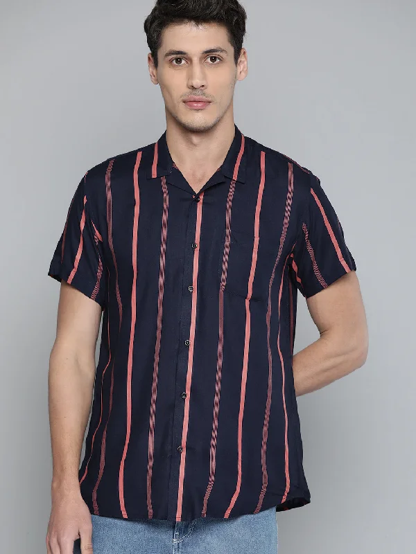 Men's Collared Shirts for Formal OccasionsMen Navy Blue Smart Slim Fit Vertical Stripes Opaque Casual Shirt with Pocket Men's Collared Shirts for Formal OccasionsMen Navy Blue Smart Slim Fit Vertical Stripes Opaque Casual Shirt with Pocket