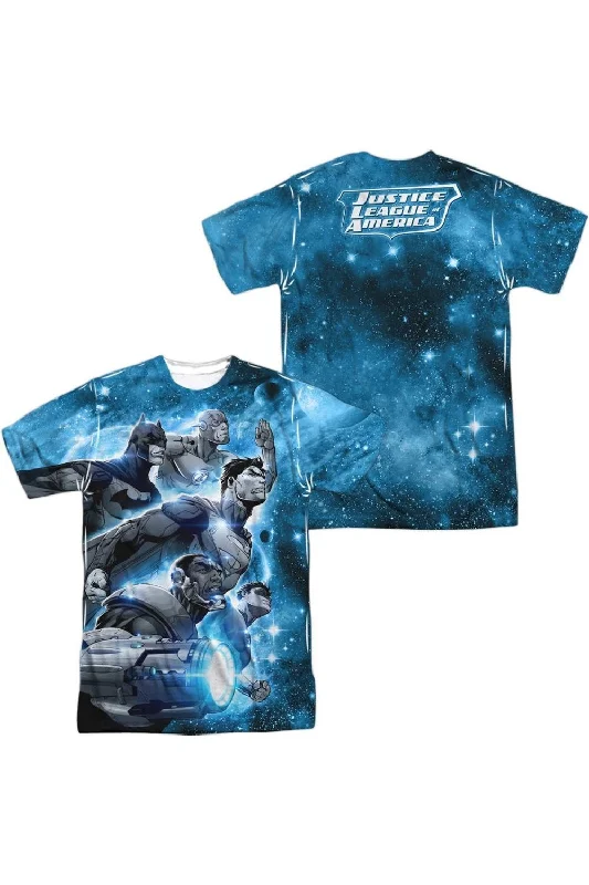 Men's Shirts with Appliqué DetailsJustice League of America Atmospheric (Front/Back Print) Short Sleeve Adult 100% Poly Crew Tee / T-Shirt