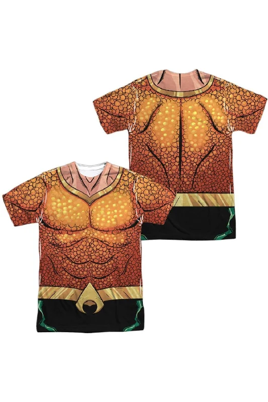 Men's Shirts with Raw-Edge HemlinesJustice League of America Aquaman Rebirth Uniform (Front/Back Print) Short Sleeve Adult Poly Crew Tee / T-Shirt