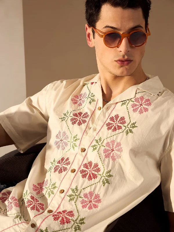 Men's Weekend Shirts for Leisurely OutingsWhite: Embroidery Drop Shoulder Oversized Shirt Men's Weekend Shirts for Leisurely OutingsWhite: Embroidery Drop Shoulder Oversized Shirt