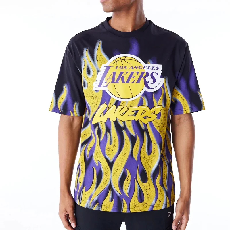 Men's Sleeveless TopsLA Lakers NBA Flame Black Oversized T-Shirt