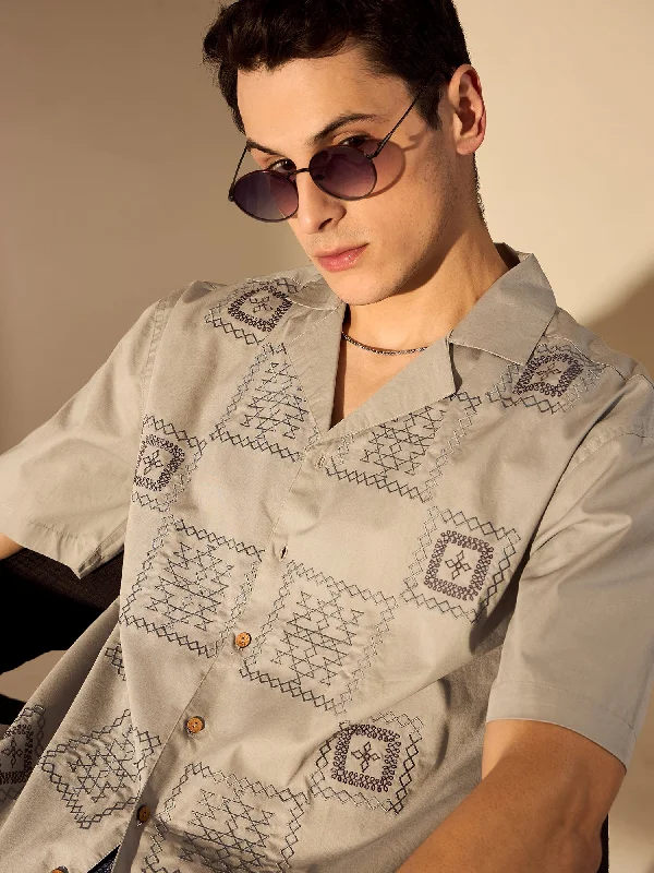 Men's Luxury Shirts for High-End FashionGrey: Embroidery Drop Shoulder Oversized Shirt Men's Luxury Shirts for High-End FashionGrey: Embroidery Drop Shoulder Oversized Shirt