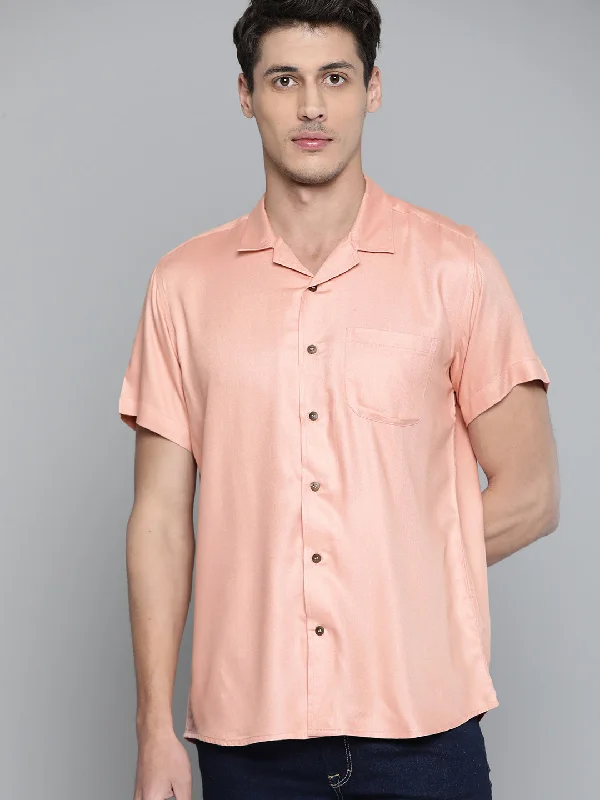 Men's Dressy Casual Shirts for Smart-Casual EventsMen Peach-Coloured Twill Weave Cotton Slim Fit Casual Shirt Men's Dressy Casual Shirts for Smart-Casual EventsMen Peach-Coloured Twill Weave Cotton Slim Fit Casual Shirt