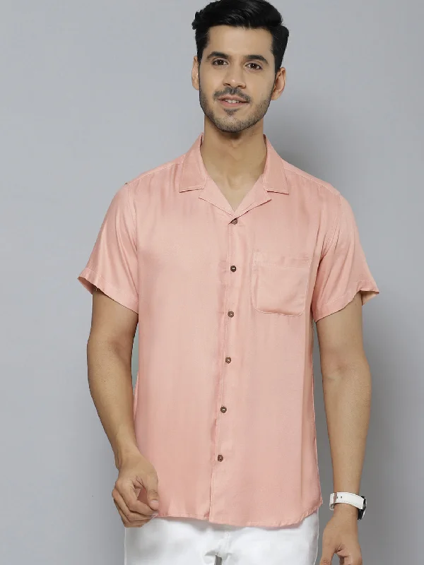 Men's Tennis Shirts for Court ComfortMen Peach-Coloured Solid Smart Slim Fit Casual Shirt