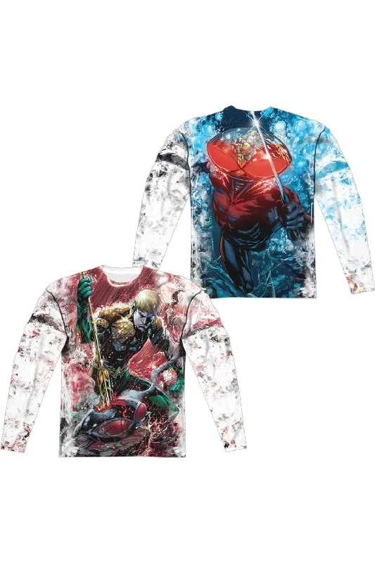 Men's Shirts with Patch PocketsJustice League of America Aquaman Vs Manta (Front/Back Print) Long Sleeve Adult Poly Crew Tee / T-Shirt