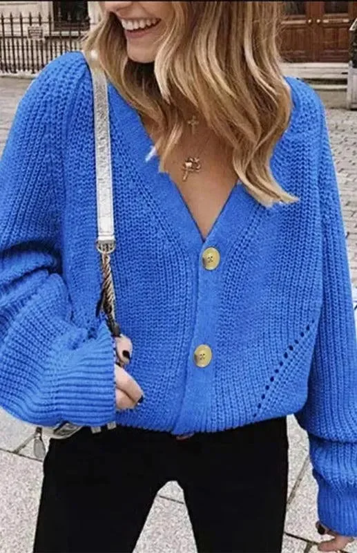 Lantern Sleeve Button  Women Cardigan Sweater