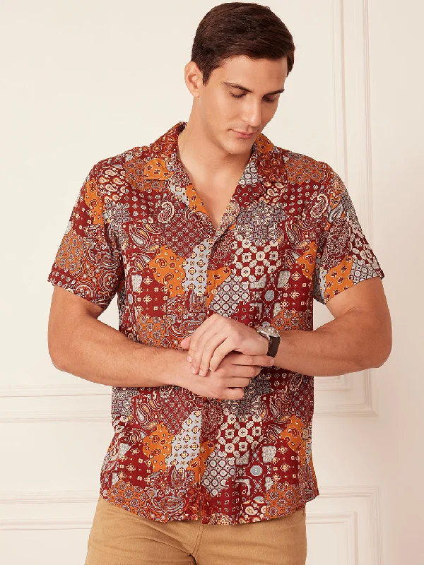 Men's Henley T-Shirts for a Casual TwistDENNISON Men Maroon Block Printed Shirt