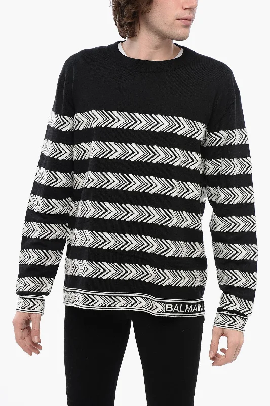 Balmain Crew Neck Chevron Virgin Wool Sweater