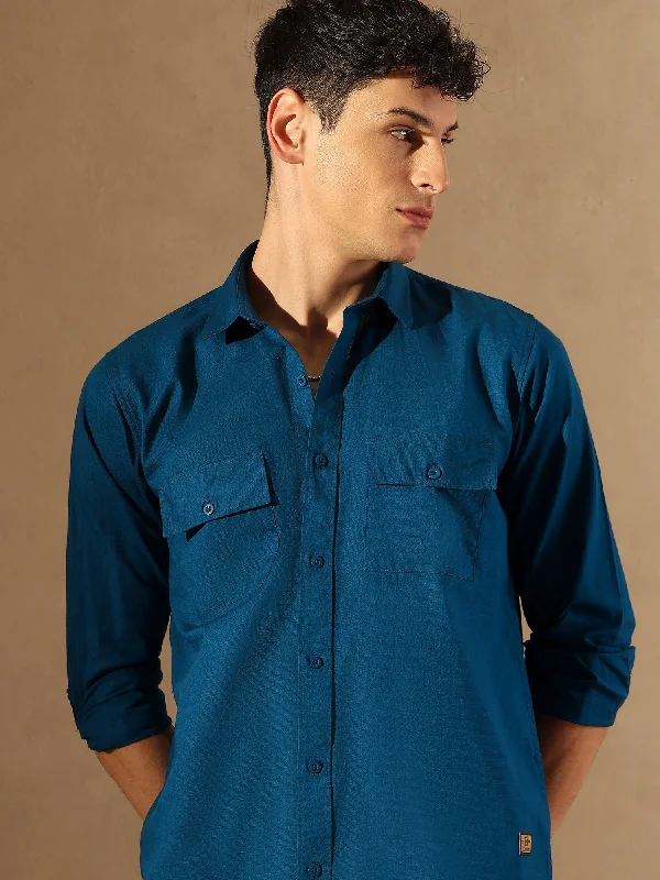 Men's Striped Shirts for a Maritime TwistBlue Double Pocket Cotton Linen Shirt