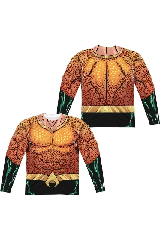 Men's Shirts with Rounded HemlinesJustice League of America Aquaman Rebirth Uniform (Front/Back Print) Long Sleeve Adult Poly Crew Tee / T-Shirt