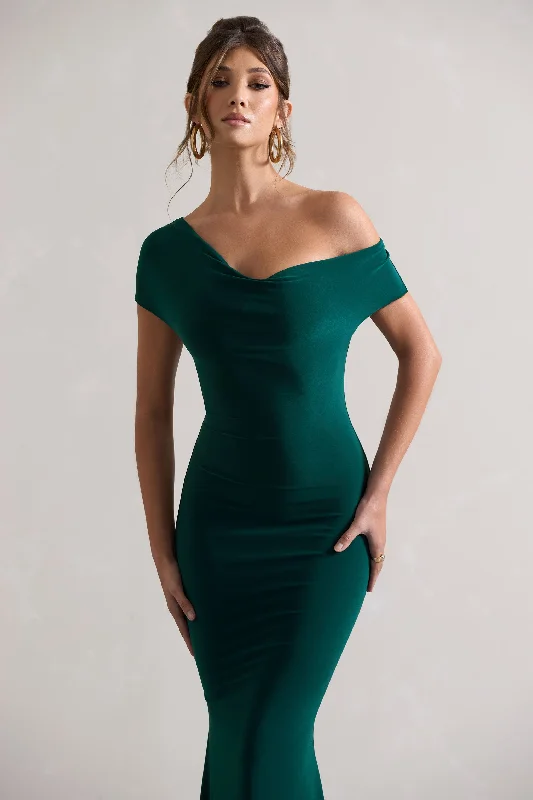 Avila | Bottle Green Asymmetric Bardot Maxi Dress