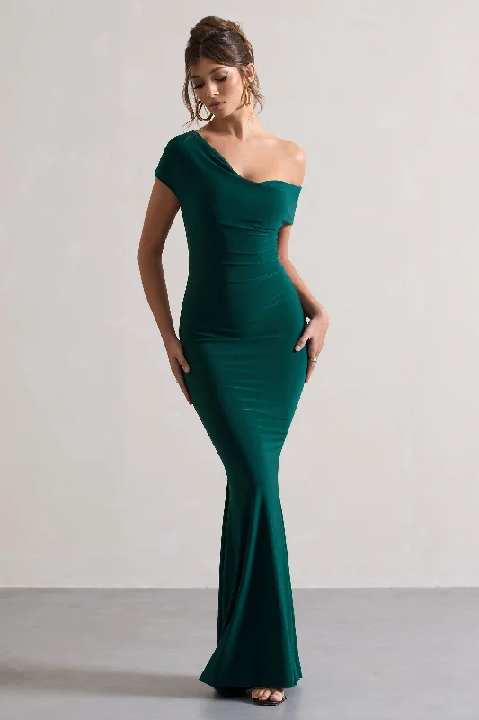 Avila | Bottle Green Asymmetric Bardot Maxi Dress