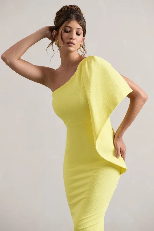 Carlana | Lemon Asymmetric Midi Dress With Ruffled Drape