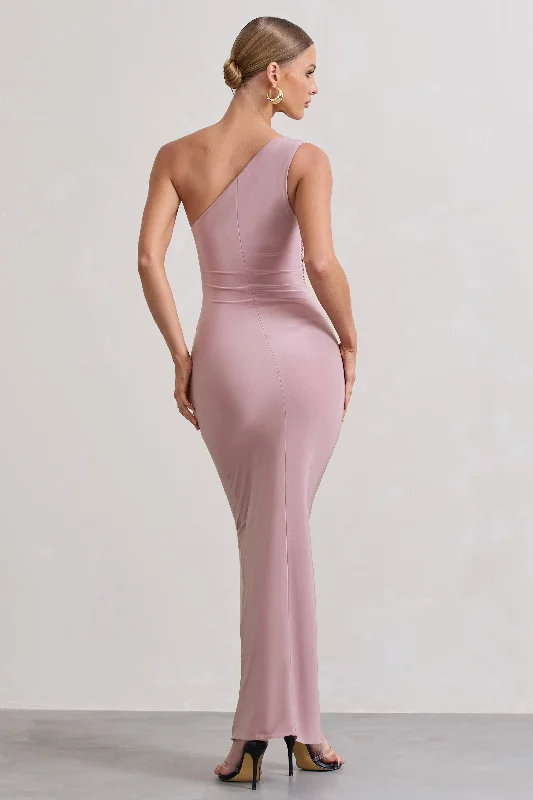 Ethereal | Dusky Lilac One Shoulder Ruched Split Maxi Dress