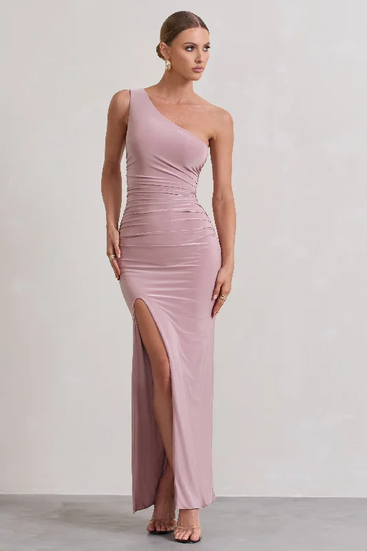 Ethereal | Dusky Lilac One Shoulder Ruched Split Maxi Dress