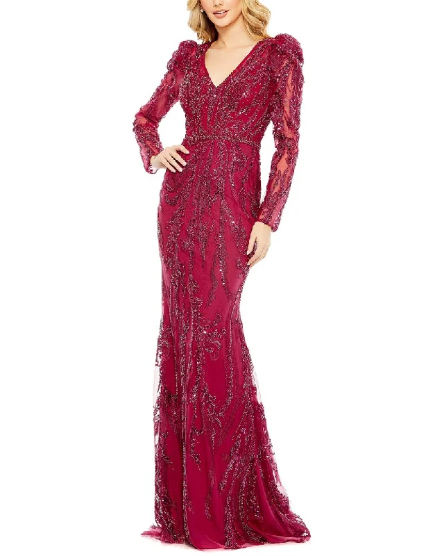 Mac Duggal Embellished Puff Sleeve V Neck Gown