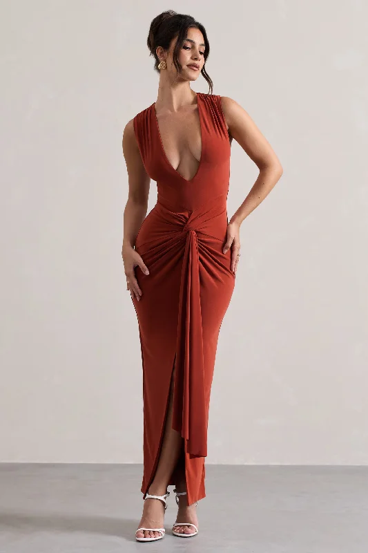 Santana | Terracotta Plunge-Neck Split Maxi Dress With Knot Detail