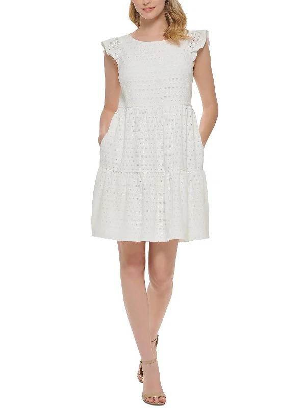 Womens Eyelet Short Mini Dress