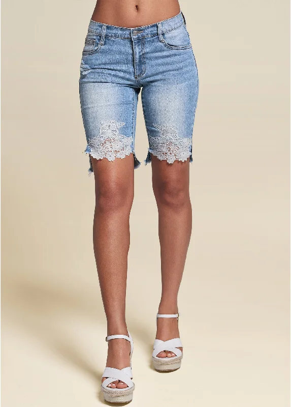 Lace trim bermuda shorts - Medium Wash