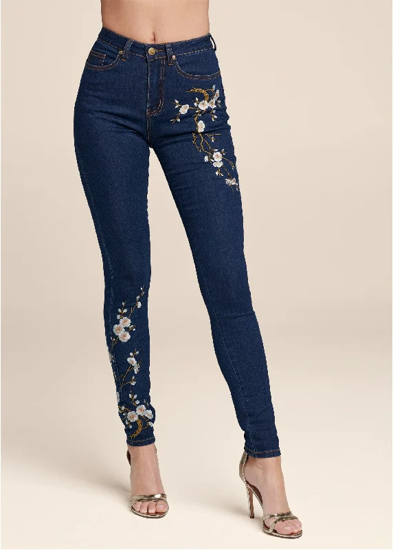 Floral embroidered skinny jeans.  - Dark Wash