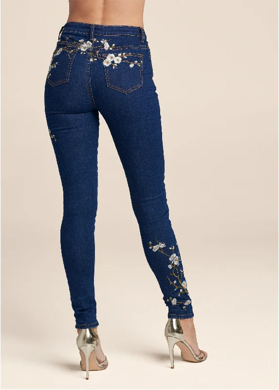 Floral embroidered skinny jeans.  - Dark Wash