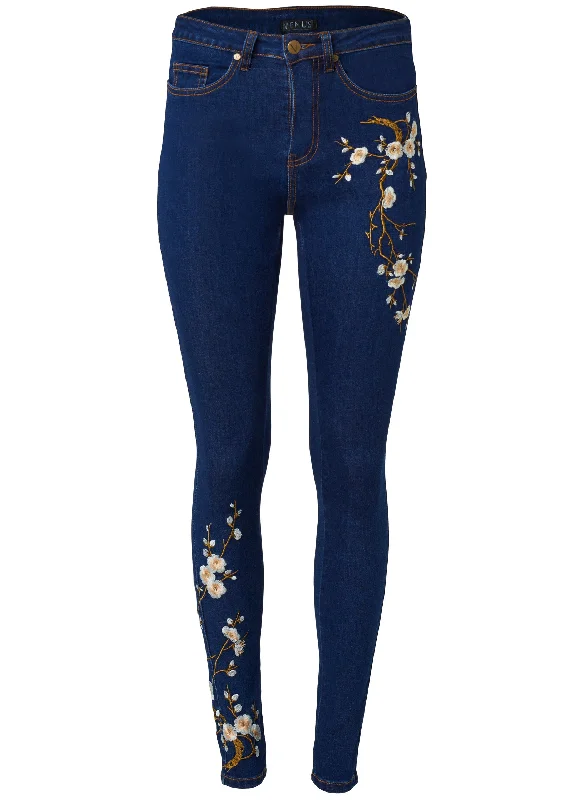 Floral embroidered skinny jeans.  - Dark Wash