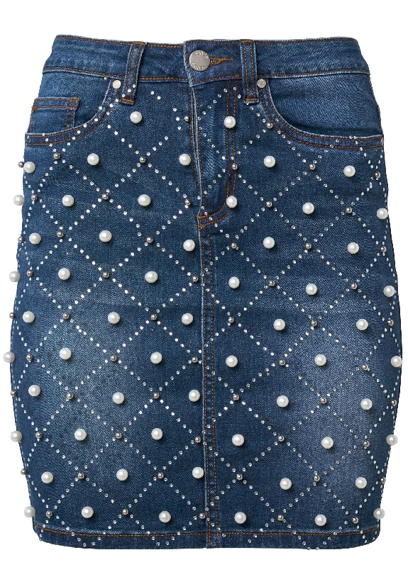 Jean mini skirt with faux pearls - Dark Wash