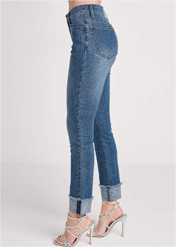 Rhinstone cuffed cropped jeans - Medium Wash