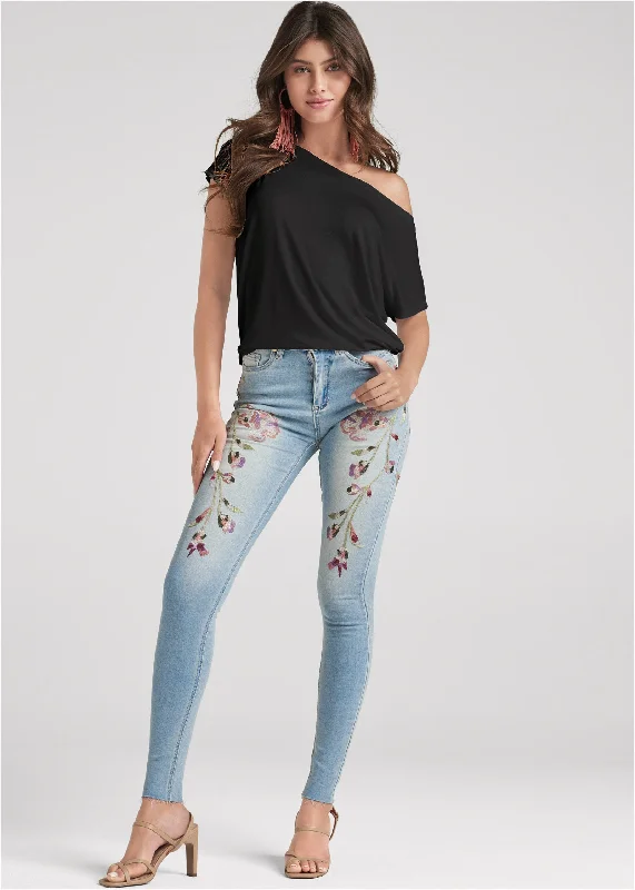 Floral embroidered skinny jeans - Light Wash