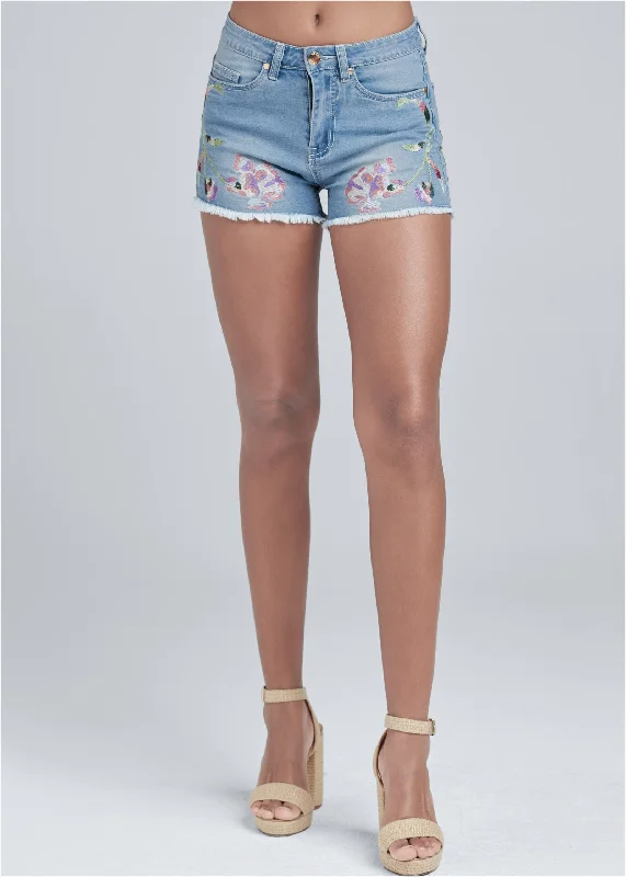 Floral embroidered shorts - Light Wash