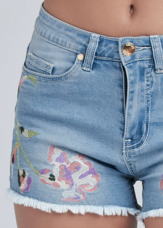 Floral embroidered shorts - Light Wash