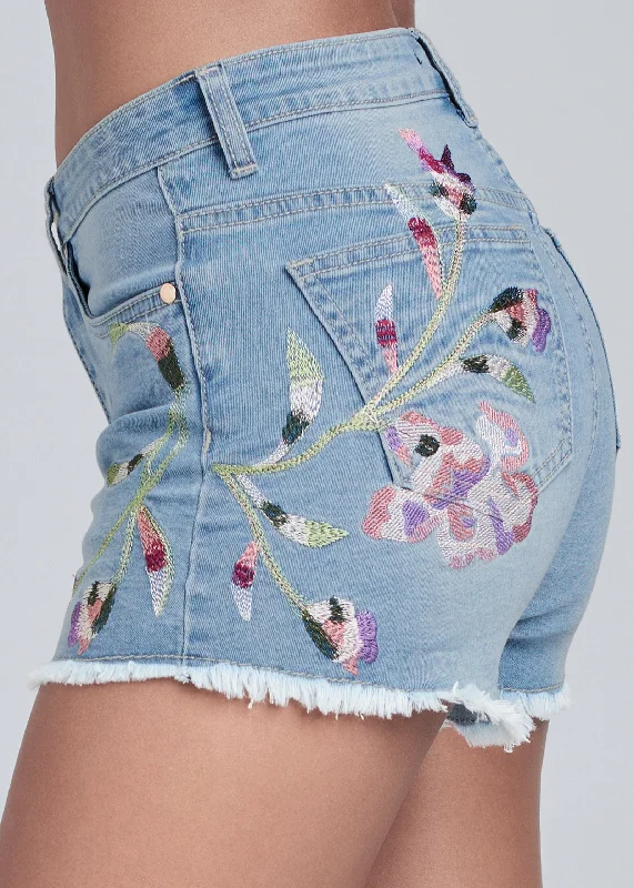 Floral embroidered shorts - Light Wash