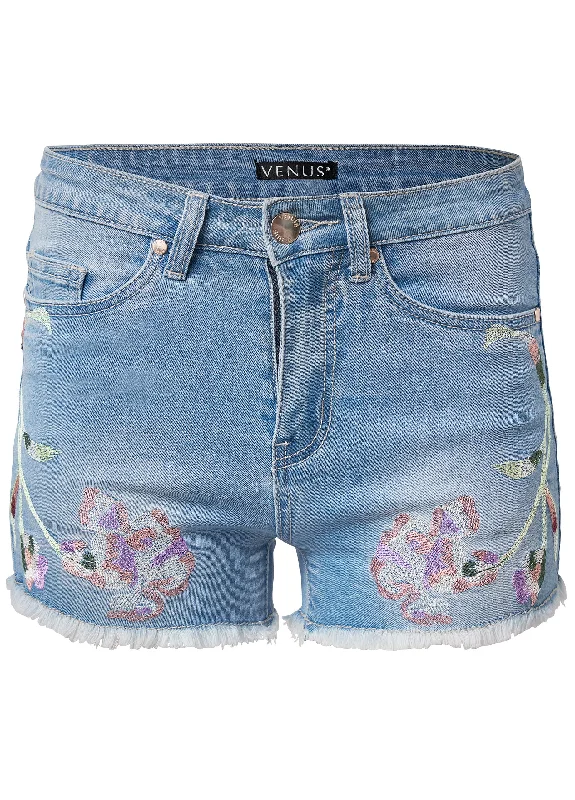 Floral embroidered shorts - Light Wash