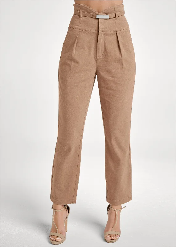 Belted high-waist trousers - Tan