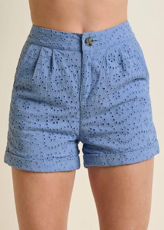 Eyelet cuffed button shorts - Blue