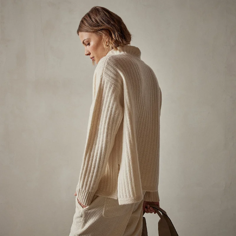 Ribbed Cashmere Funnel Neck - Ivory Ribbed Cashmere Funnel Neck - Ivory