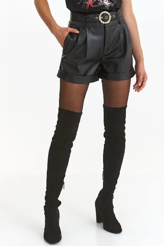 Top Secret Faux Leather Belted Shorts In Black