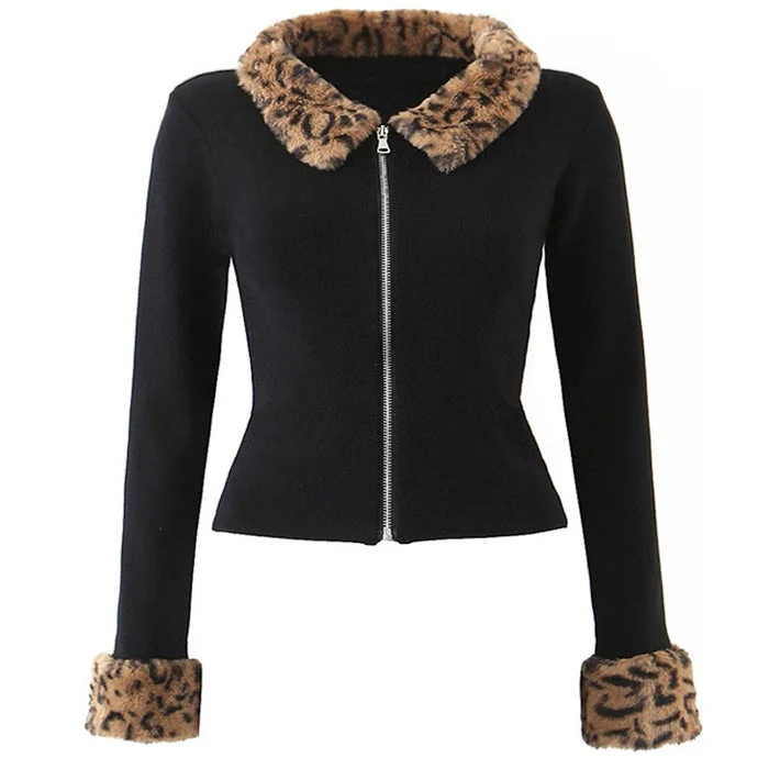 Leopard Trim Zip Up Cardigan