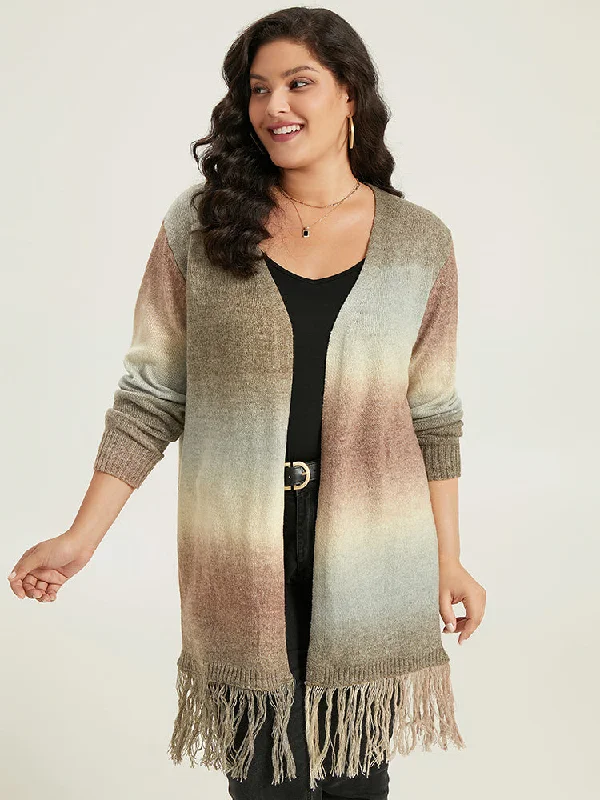 Ombre Fringe Trim Open Front Cardigan