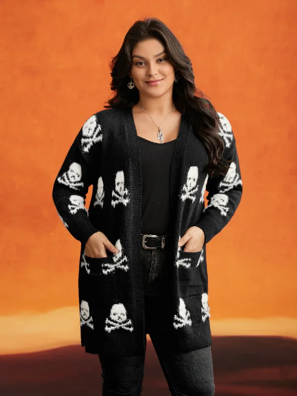 Skull Pattern Plus Jacquard Open Cardigan