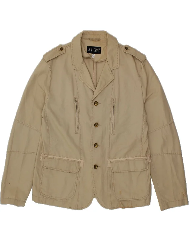 Designer Men's OvercoatsARMANI JEANS Mens Military 4 Button Blazer Jacket US 44 2XL Beige